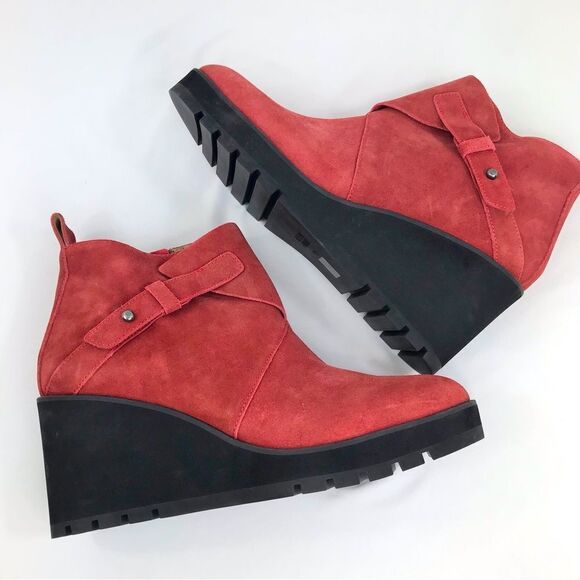 Eileen Fisher TINKER Brick Red Suede Leather Wedge Heel Lug Sole Ankle Bootie - Picture 5 of 16